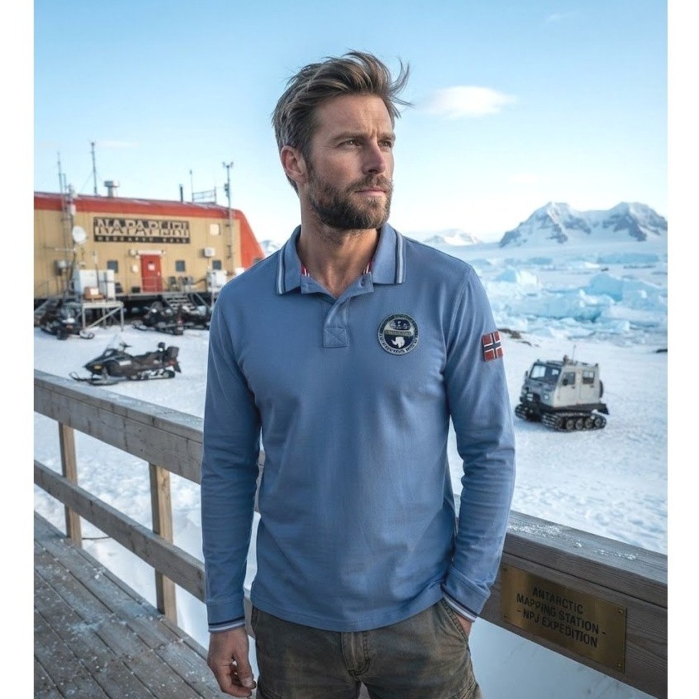 Napapijri Polo Shirt Mens XL Blue Antarctic Research Program Long Sleeve Pique